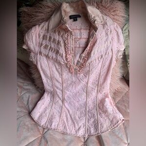 Y2K bebe baby Pink Eyelet Blouse with crystal buttons